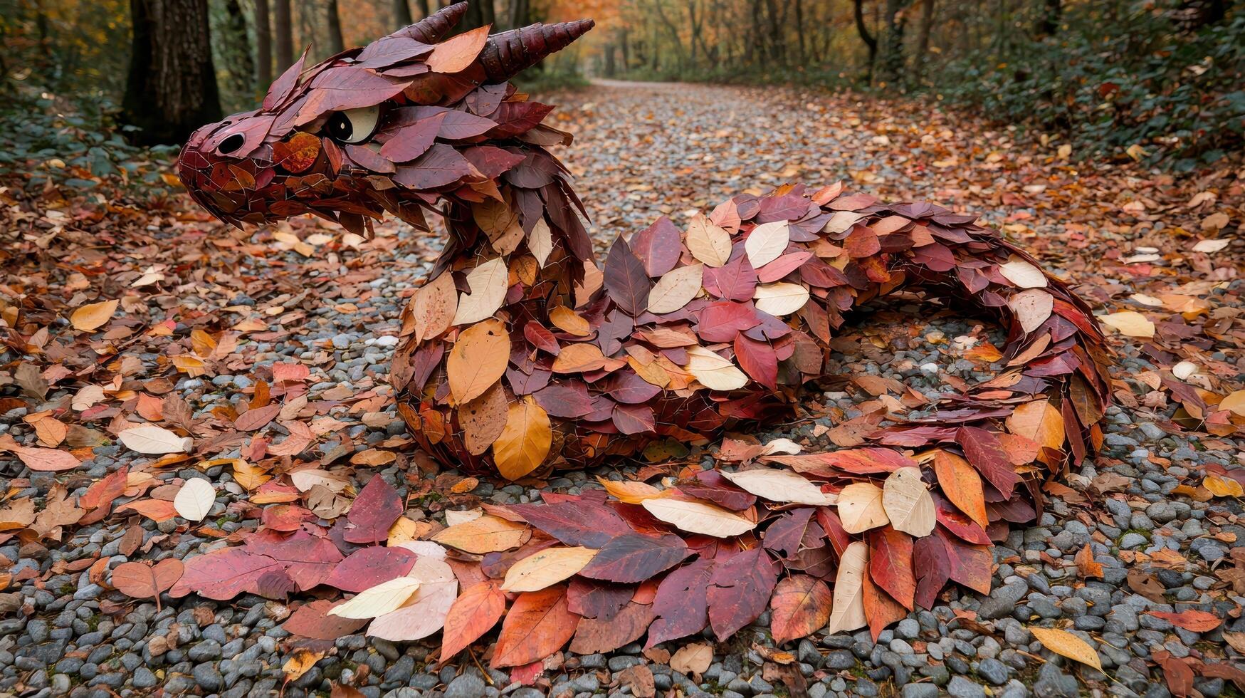 Autumn leaf dragon sculpture in forest photo