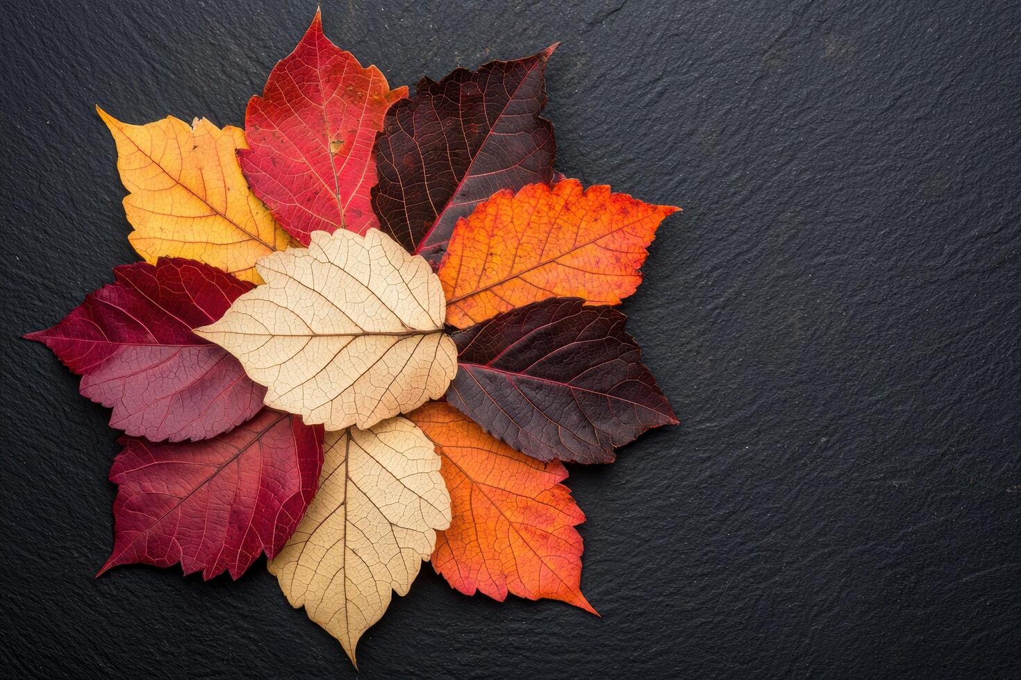 Colorful autumn leaves on dark background photo