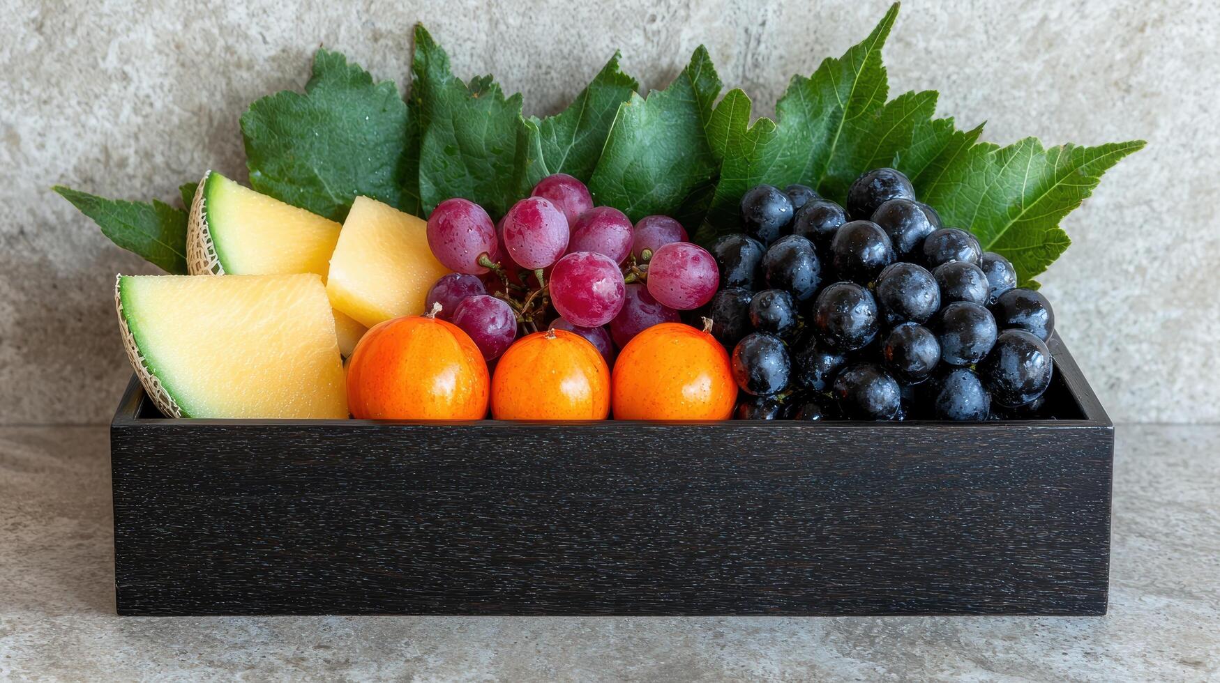 Assortment of fresh fruits in a wooden box photo