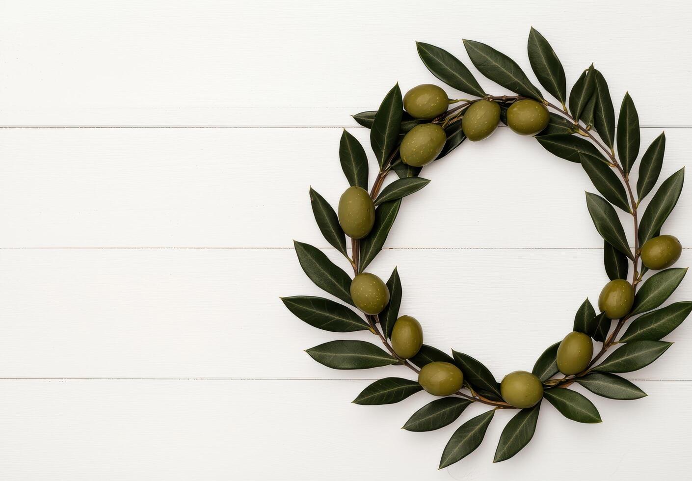 Olive wreath on white wooden background photo