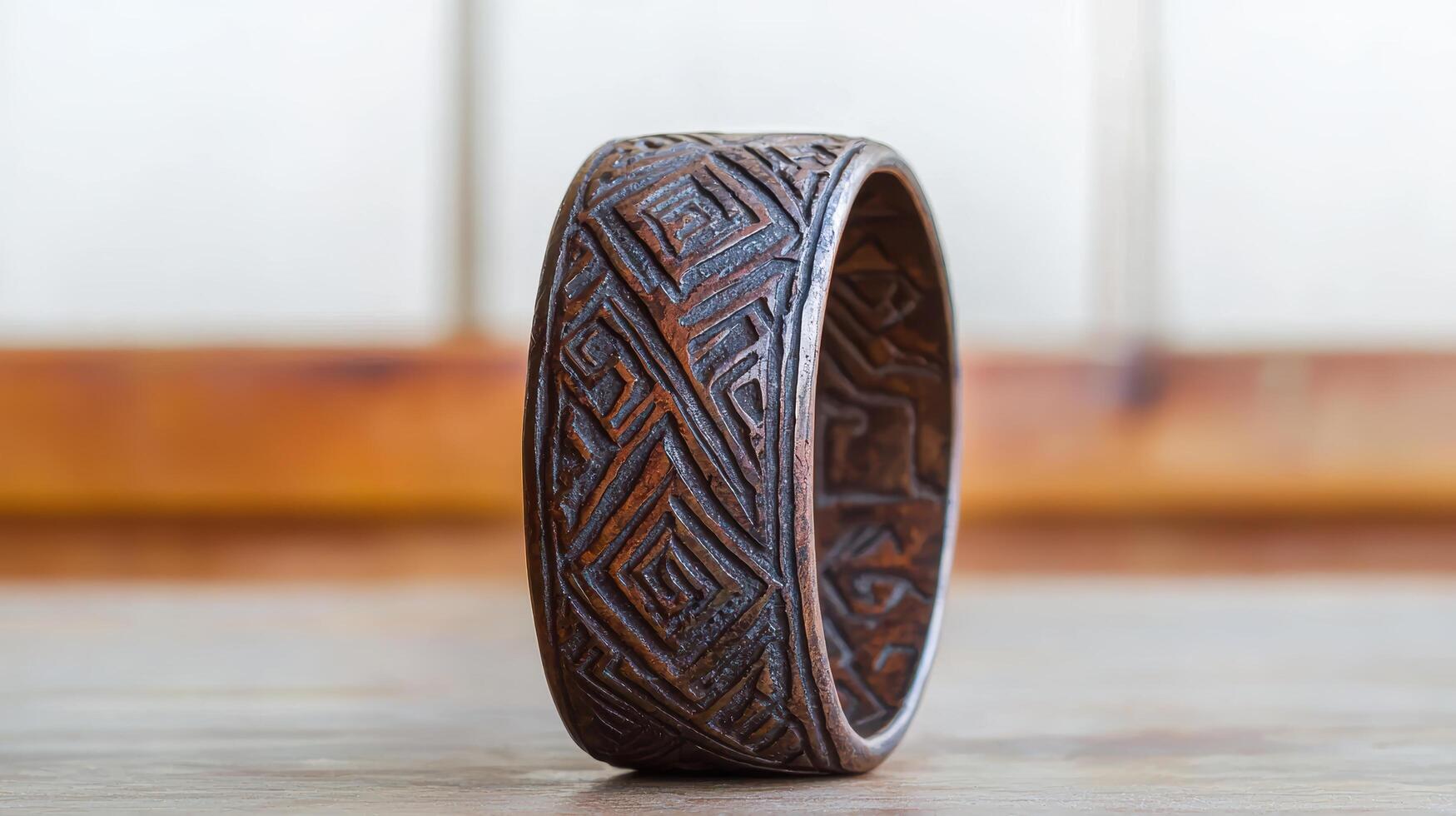 Intricate wooden ring with carved patterns photo