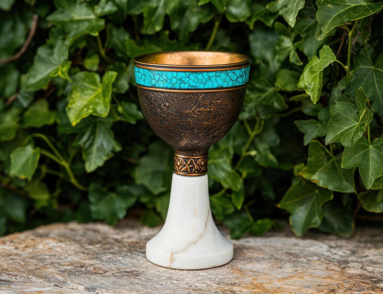 Ornate ceramic chalice with turquoise and gold details photo