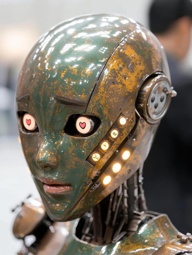 Closeup of a futuristic robot head with glowing eyes and intricate details photo