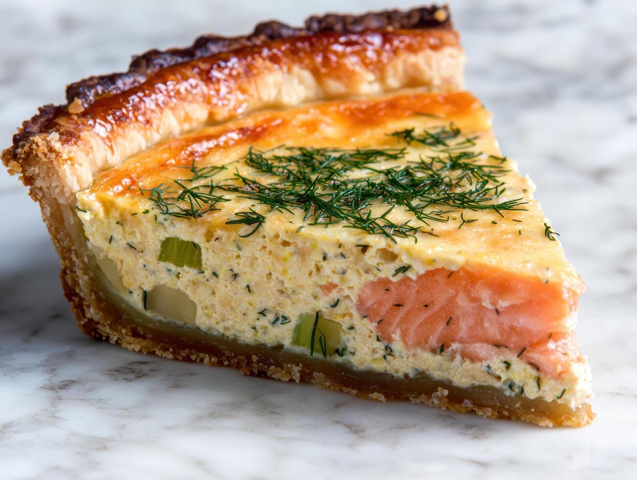 Savory salmon and dill quiche on marble background photo