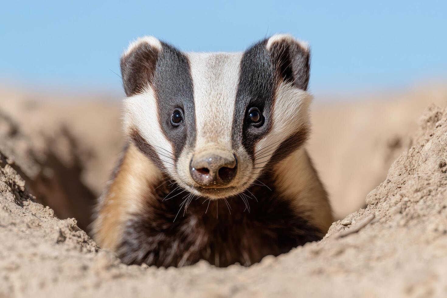Curious badger peeking out from burrow photo