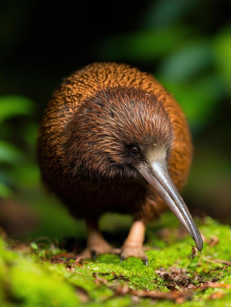 Closeup of a brown kiwi bird foraging on the forest floor photo