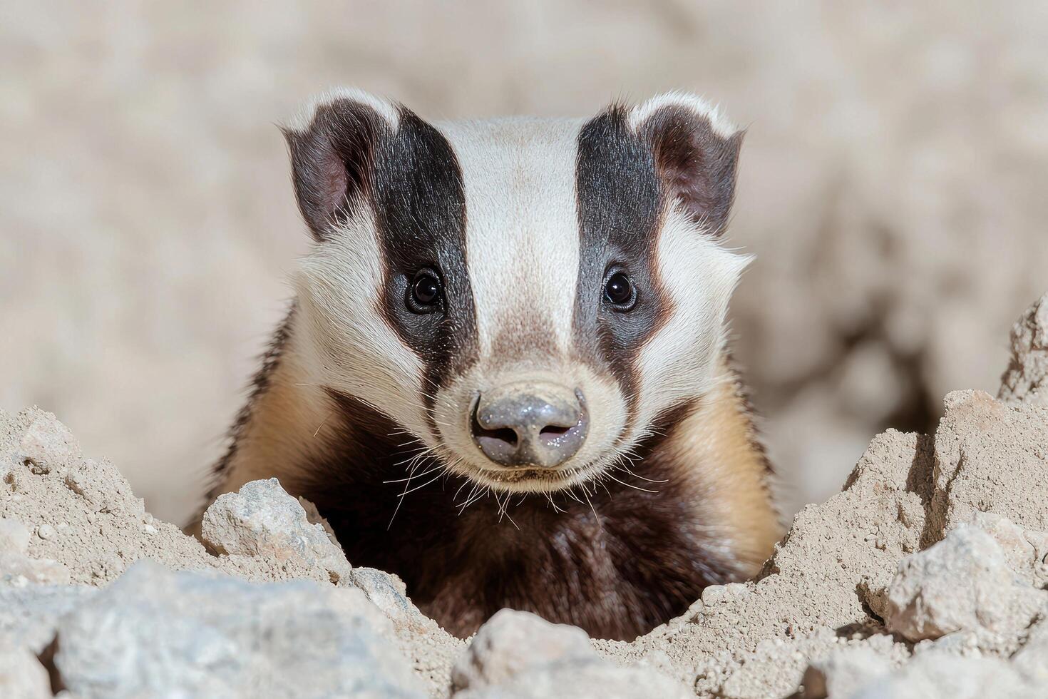 Curious Badger Peeking Out of Den photo