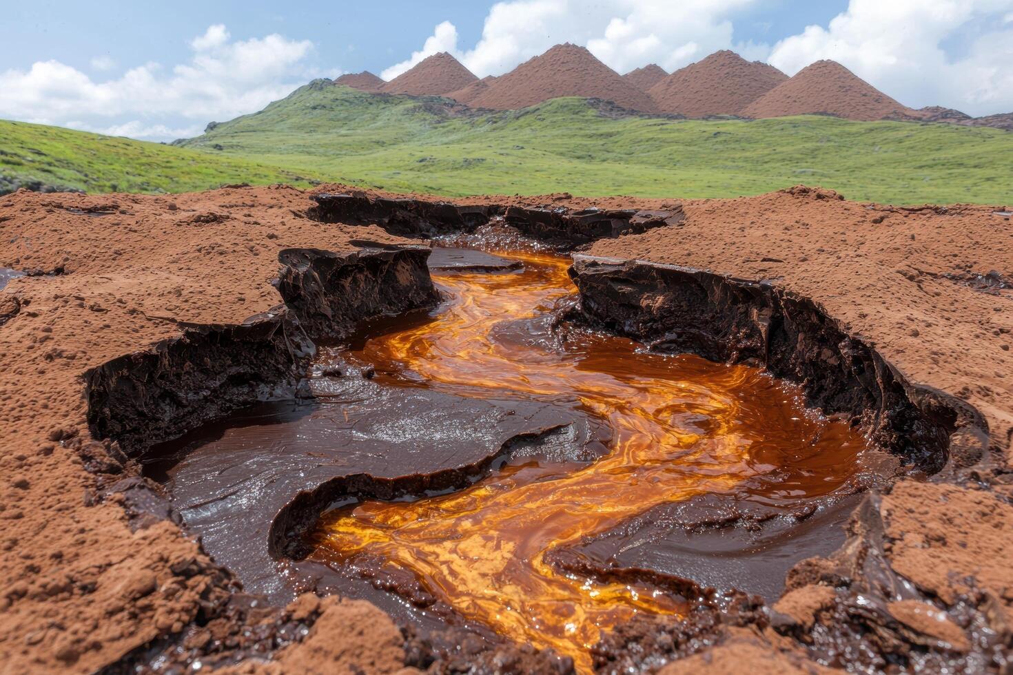 Vibrant orange stream flowing through rugged terrain photo