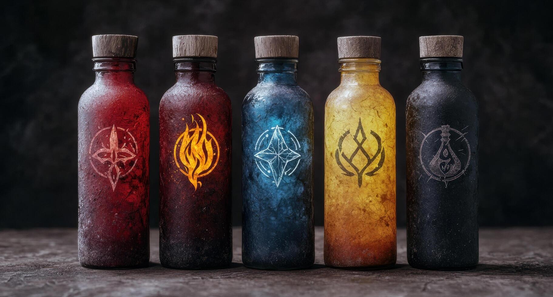 Mystical potion bottles with elemental symbols photo