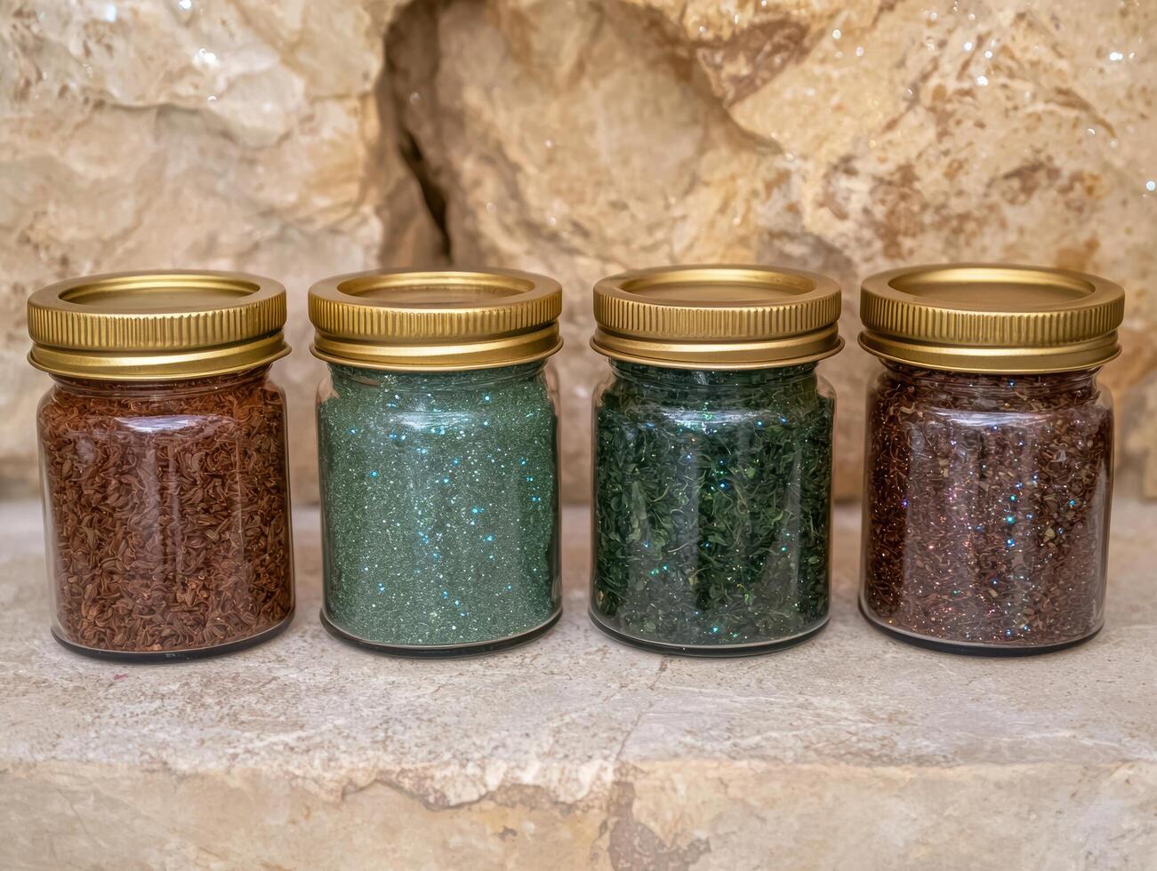 Assortment of spices and herbs in glass jars photo