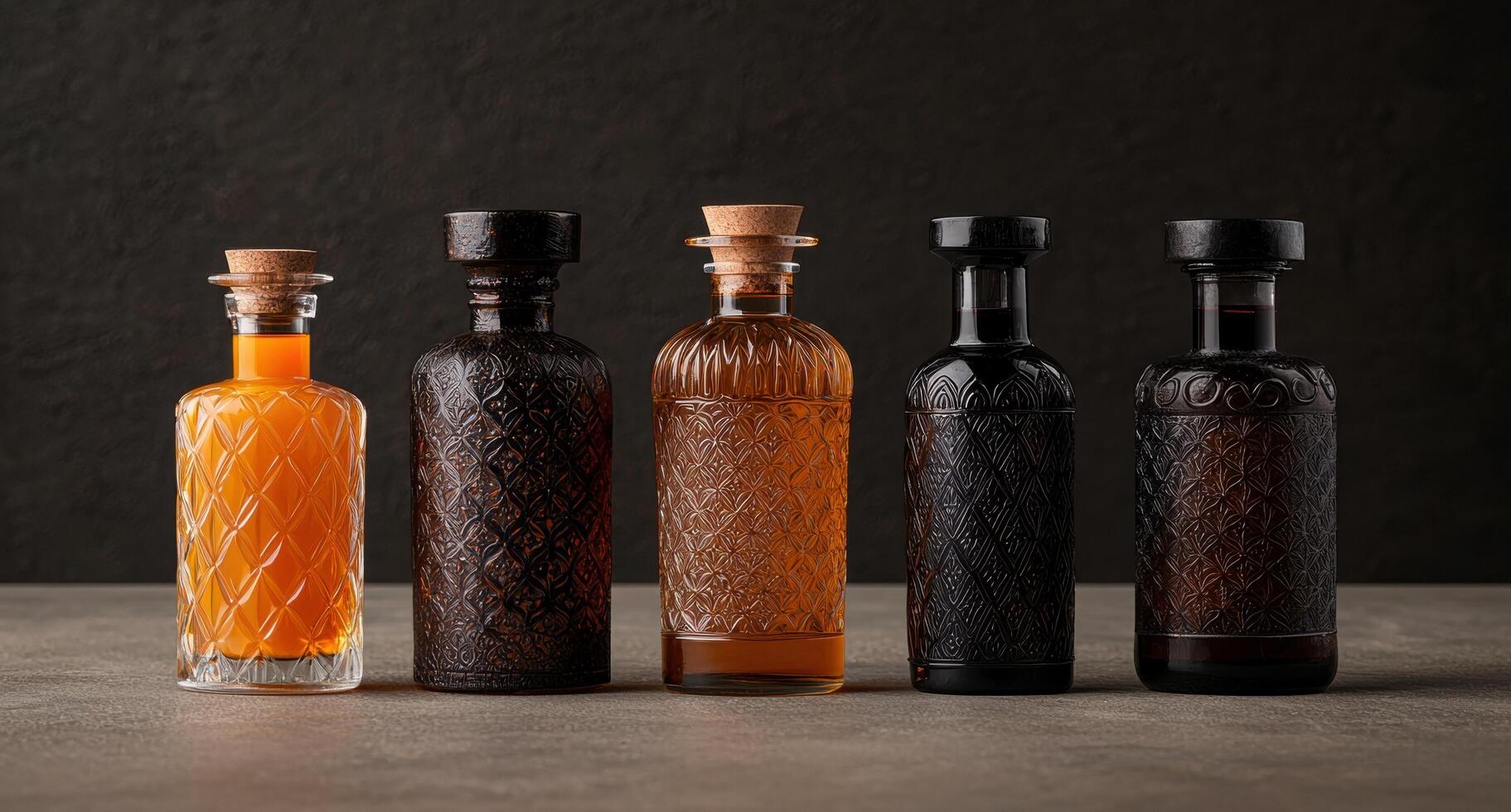 Assortment of ornate liquor bottles on dark background photo