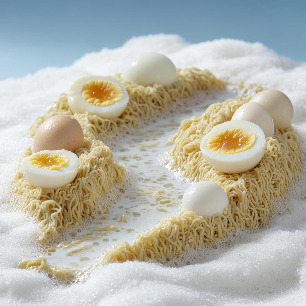 Delicious boiled eggs on a bed of noodles photo