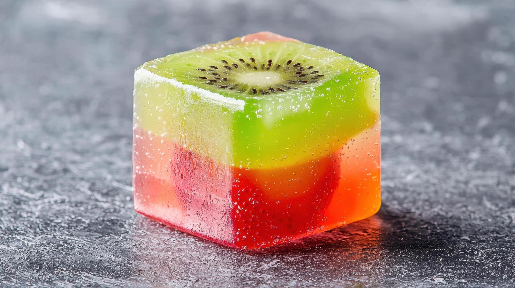 Colorful fruit jelly cube with kiwi slice photo