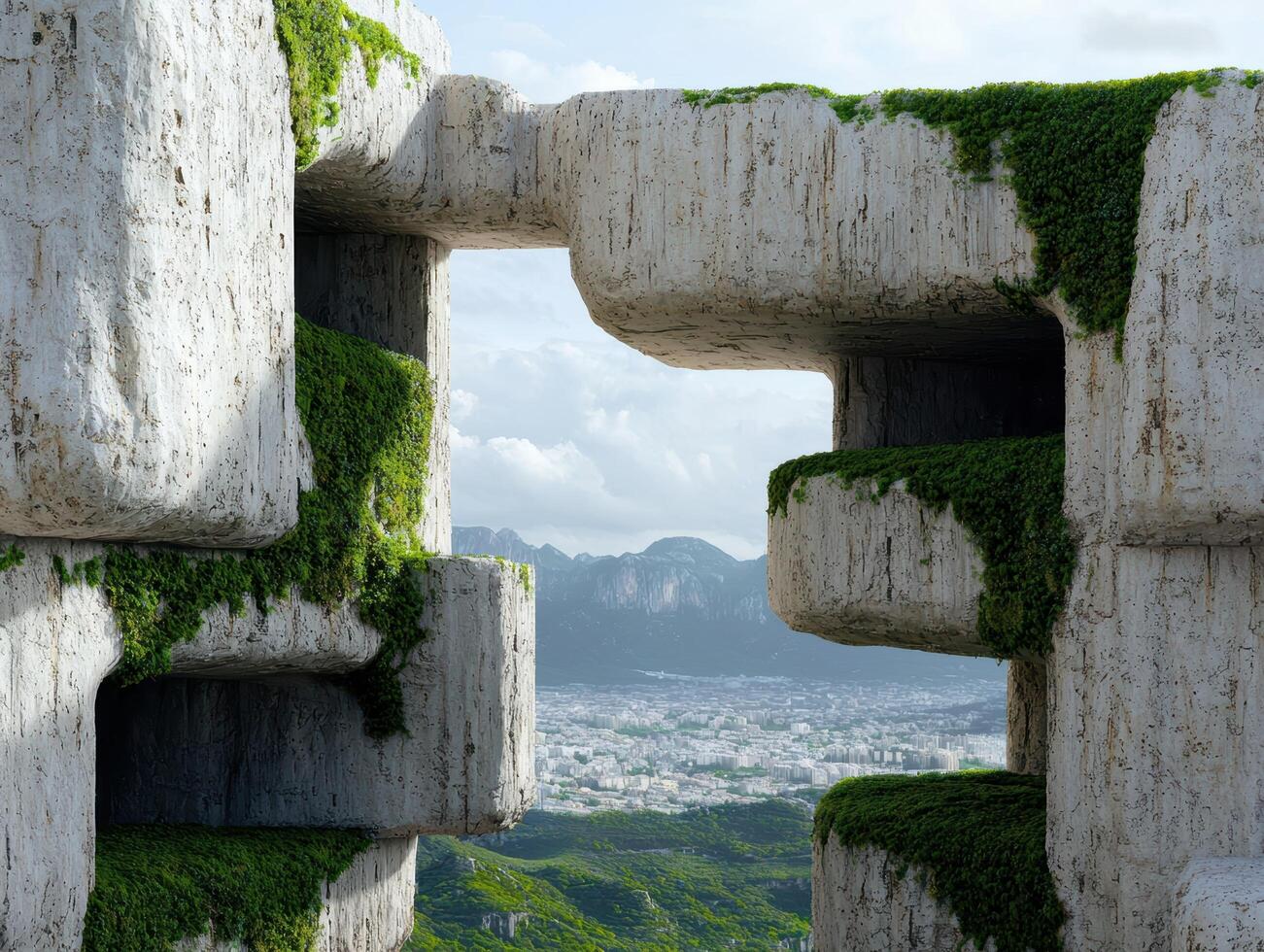 Dramatic concrete architecture with lush greenery overlooking a cityscape photo