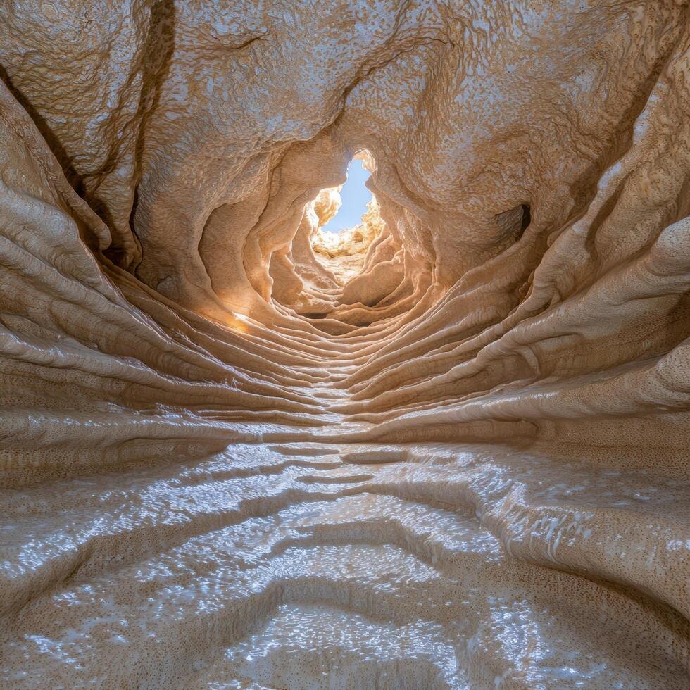 Stunning natural rock formation with intricate patterns and a glowing entrance photo