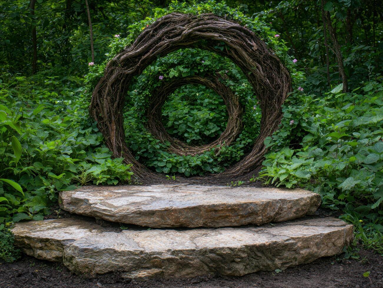 Enchanting nature art installation in lush forest photo