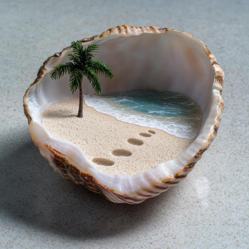tropical beach scene in a seashell photo