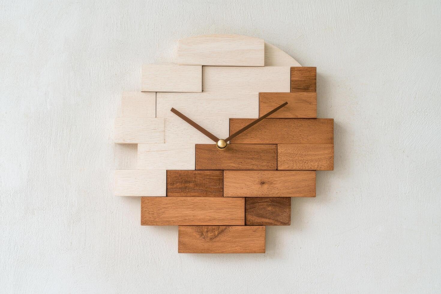 Unique wooden clock design on white wall photo
