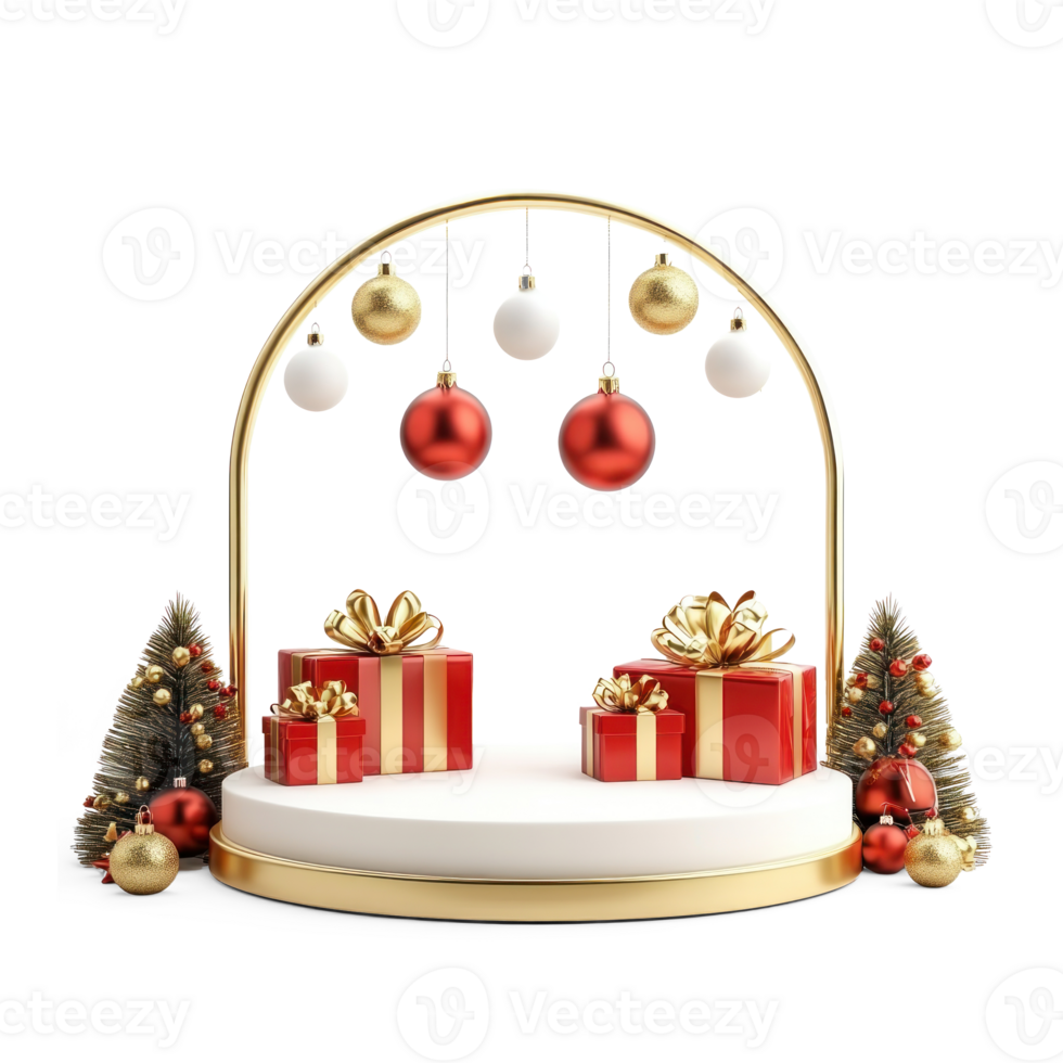 Empty Christmas podium with gold and red decorations and presents 3D icon cartoon smooth soft light isolate on transparent background png