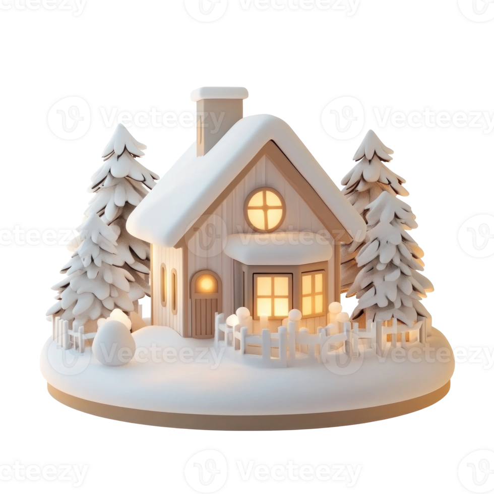 Christmas white wood house 3D icon cartoon smooth soft light isolate on transparent background png