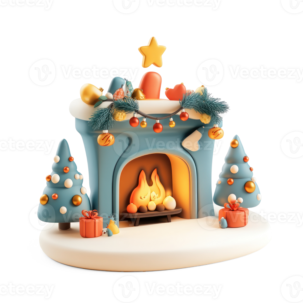 Christmas Fireplace with decorations 3D icon isolate on transparent background png