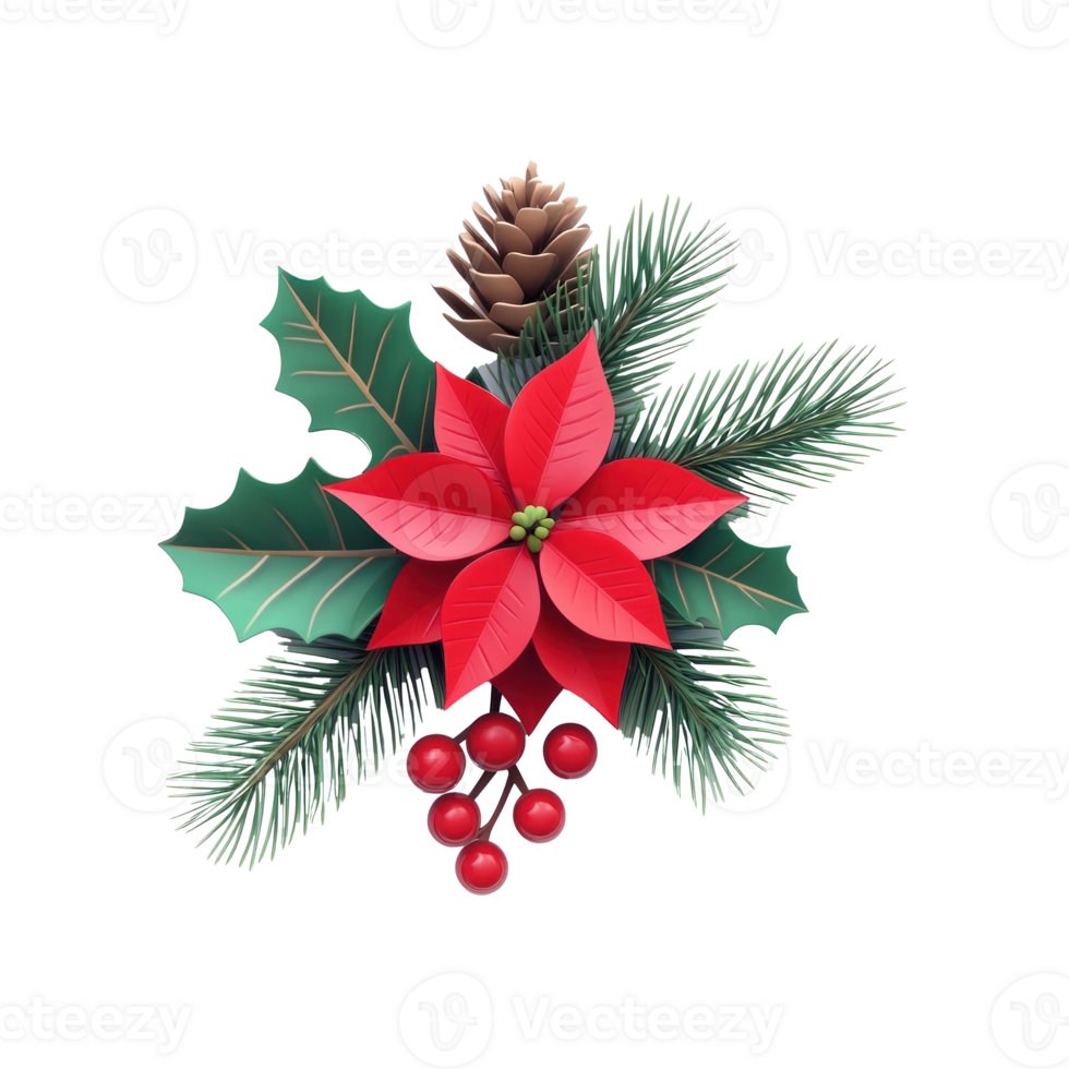 Christmas pine and holly swag with red poinsettia flower 3D icon cartoon minimalist isolate on transparent background png