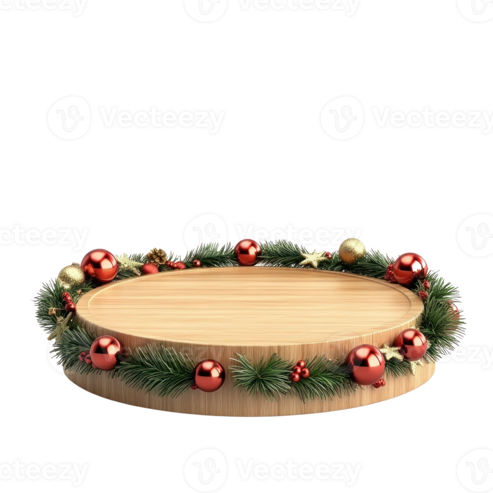 Wooden podium with Christmas decorations 3D icon cartoon smooth soft light isolate on transparent background png