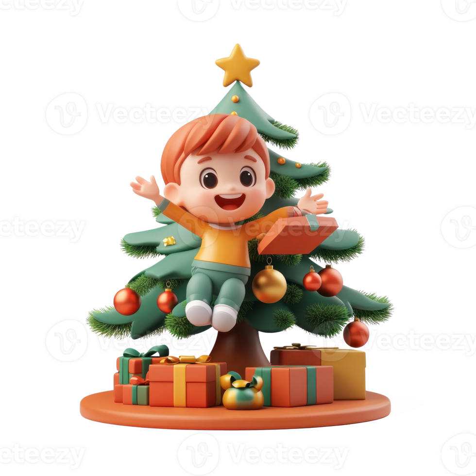 A child excitedly opening a Christmas present under a fir tree decorated with ornaments 3D icon isolate on transparent background png