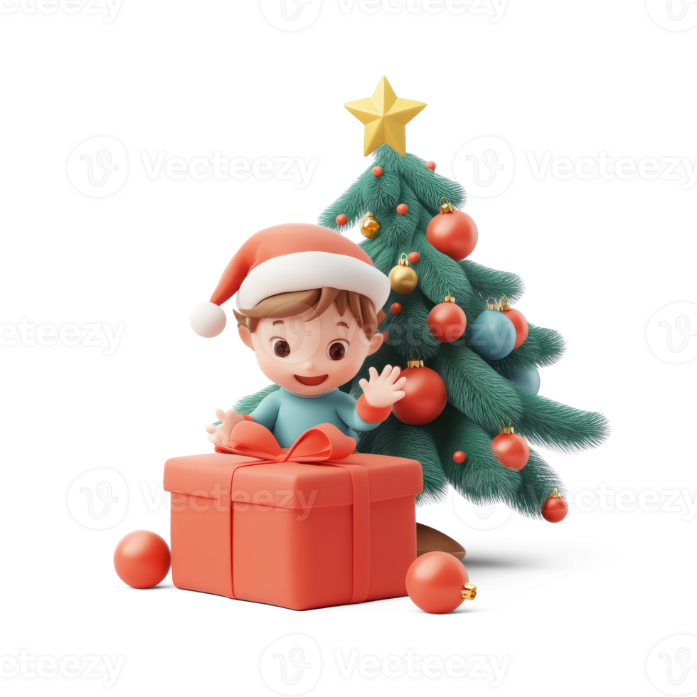 A child excitedly opening a Christmas present under a fir tree decorated with ornaments 3D icon isolate on transparent background png