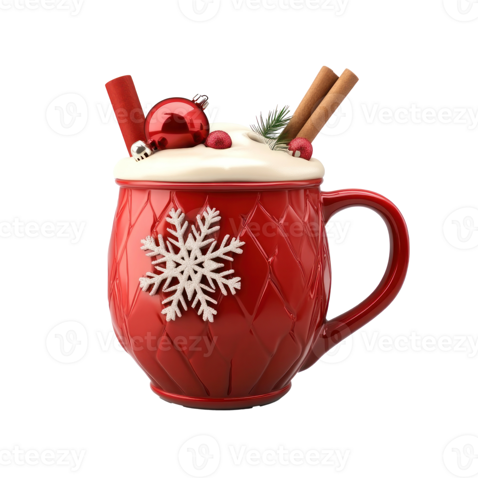 Red mug of eggnog cocktail with Christmas decoration 3D icon isolate on transparent background png