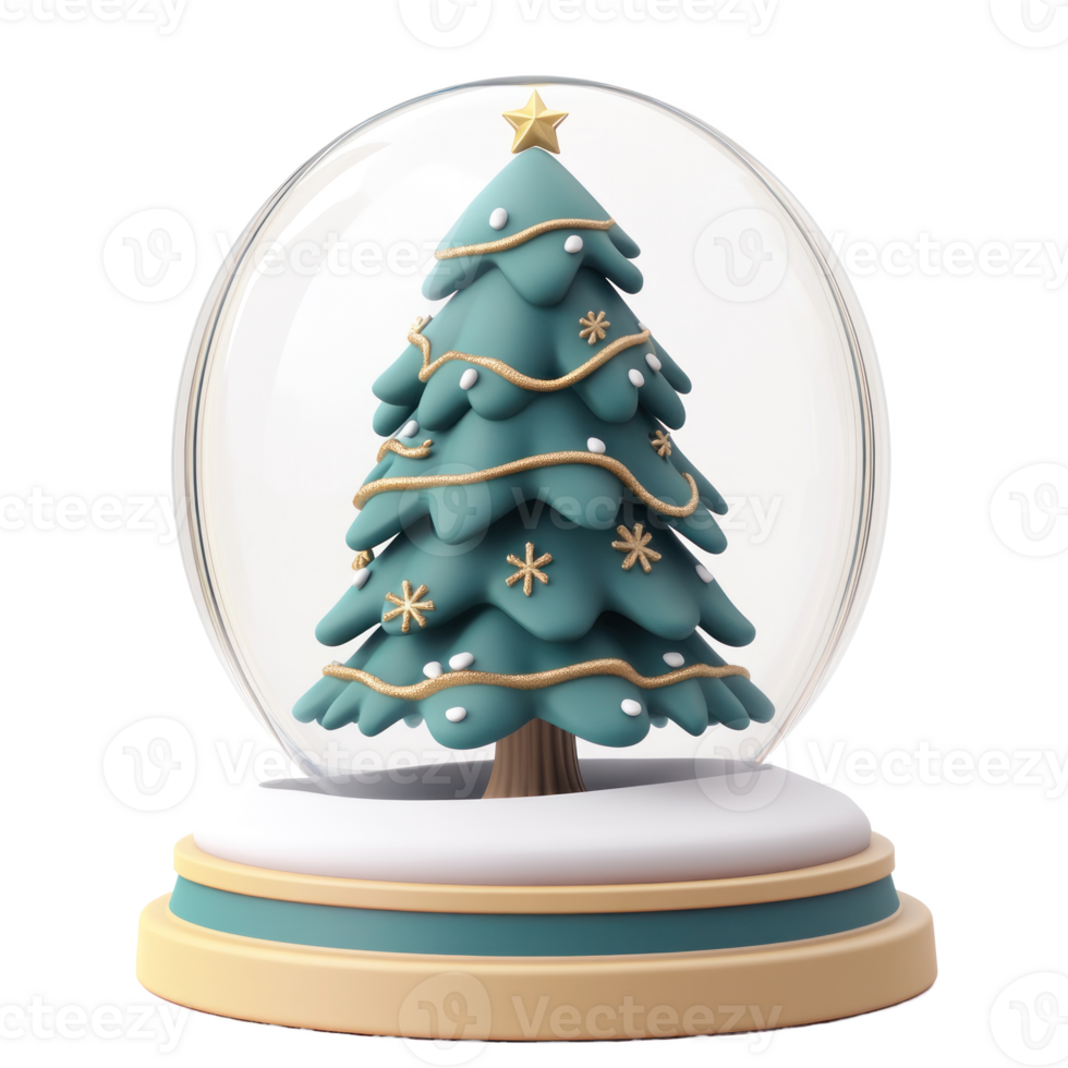 Christmas tree inside Snow Globe 3D clay style round edges bright isolate on transparent background png