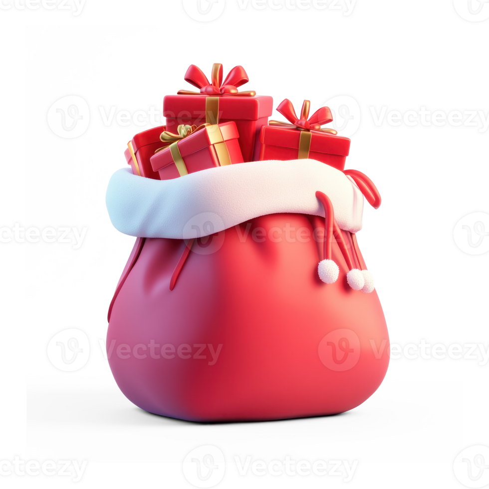 Santa's bag with gift boxes 3D icon cartoon smooth soft light isolate on transparent background png
