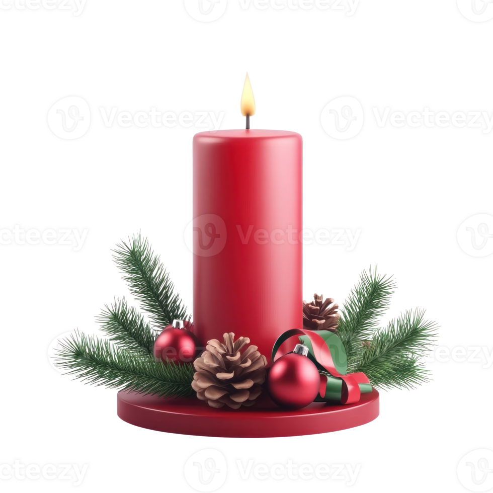 Christmas red candle with ribbon and baubles with pinecones and green fir branch 3D icon cartoon smooth soft light isolate on transparent background png