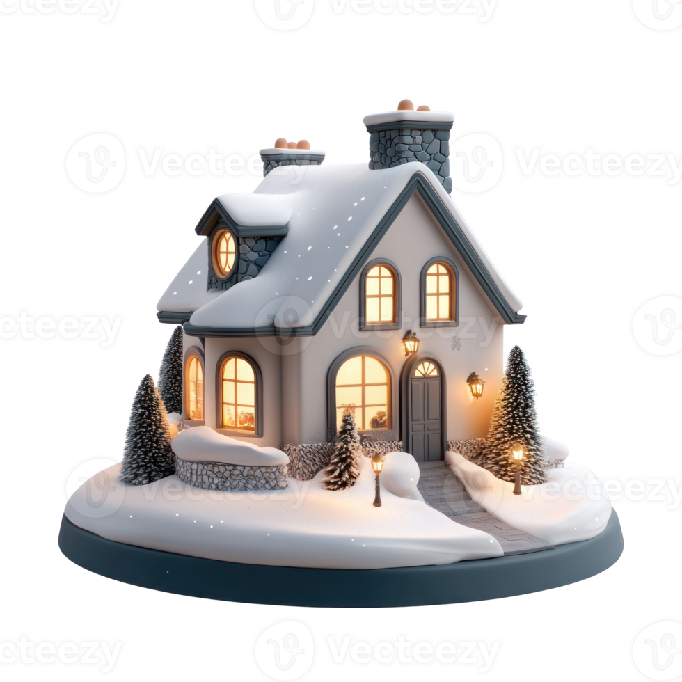 Modern house model decoration with lights and snow 3D icon isolate on transparent background png