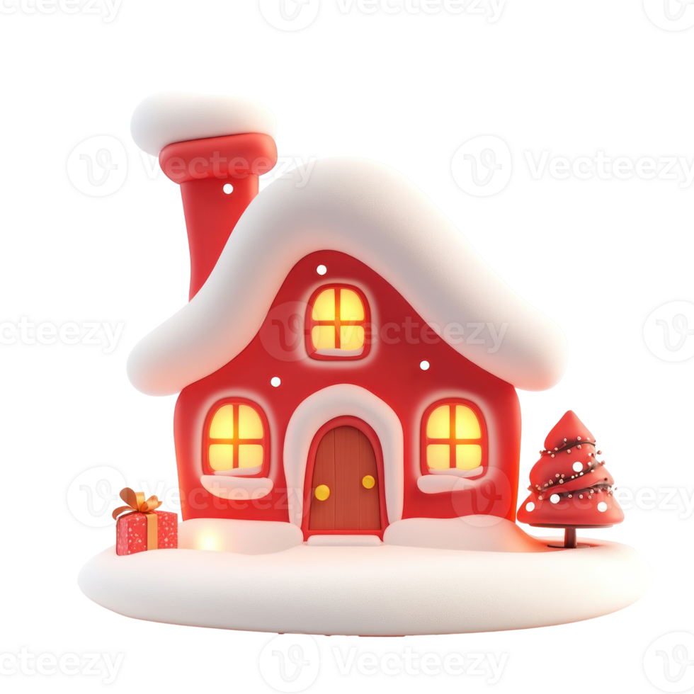 Red decoration Christmas house with snow 3D icon cartoon smooth soft light isolate on transparent background png