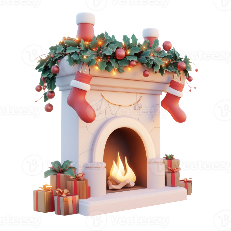 Christmas Ornate and Garland on Top of a Fireplace 3D icon cartoon smooth soft light isolate on transparent background png