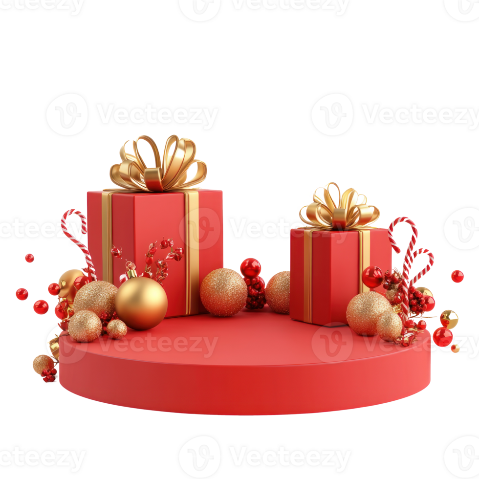 Christmas podium with gold and red decorations and presents 3D icon isolate on transparent background png