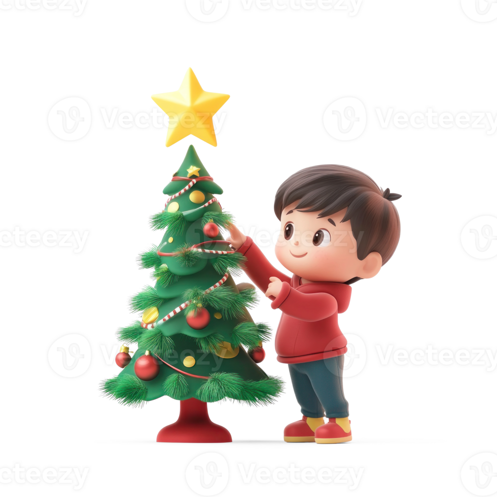 Little boy putting star on top of Christmas tree 3D icon cartoon smooth soft light isolate on transparent background png