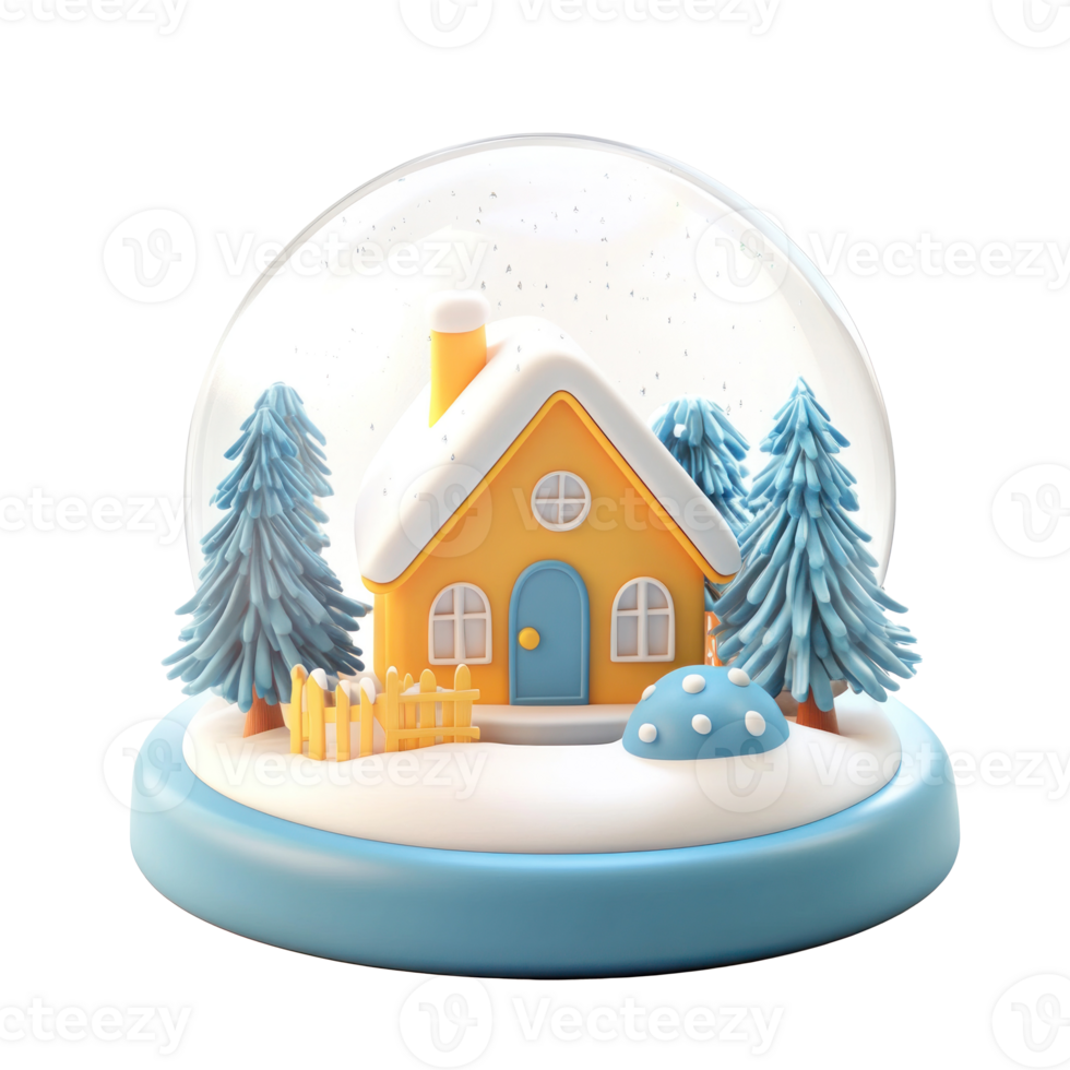 Winter house inside Snow Globe 3D clay style round edges bright isolate on transparent background png