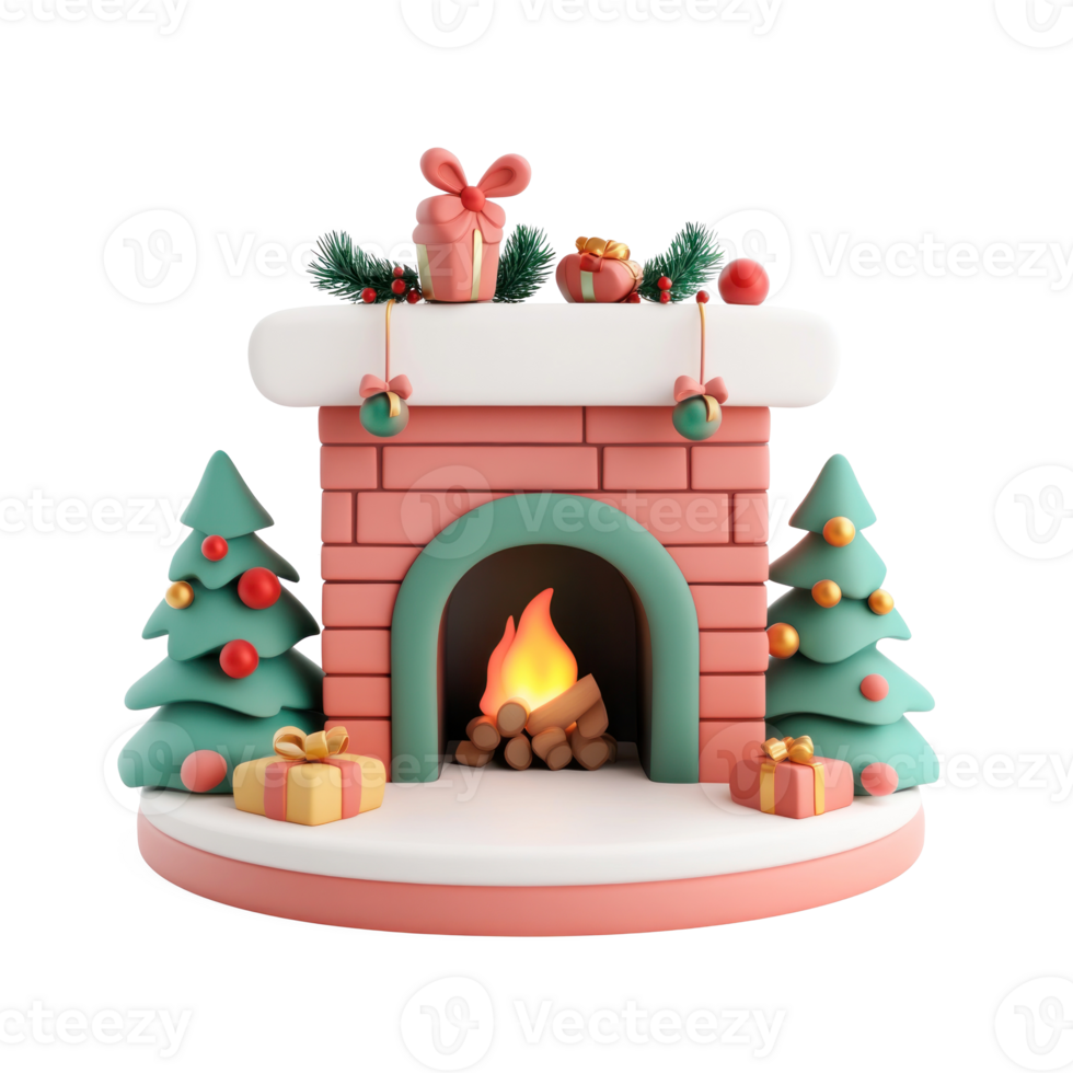 Christmas Fireplace with decorations 3D icon isolate on transparent background png