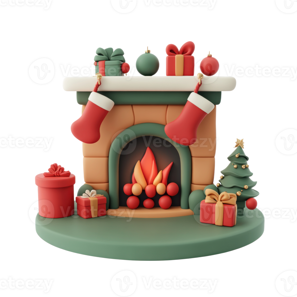 Christmas fireplace with red stockings gifts and decorations 3D icon isolate on transparent background png