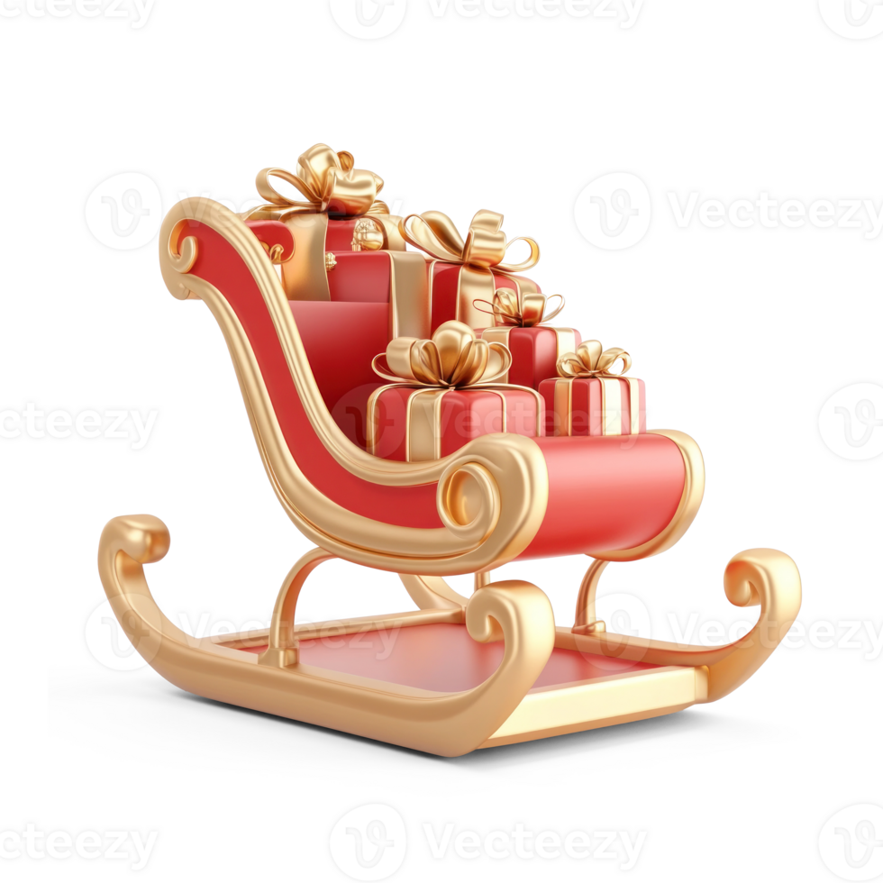 Santa's Sleigh in gold and red color full of presents 3D icon isolate on transparent background png
