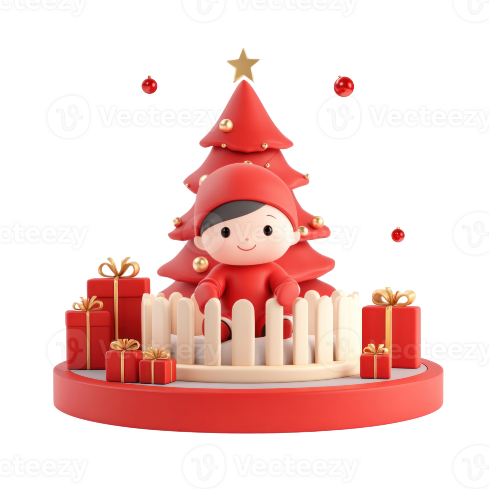 cute baby in red onesie is sitting in a cot, a christmas tree behind, some presents around 3D icon isolate on transparent background png
