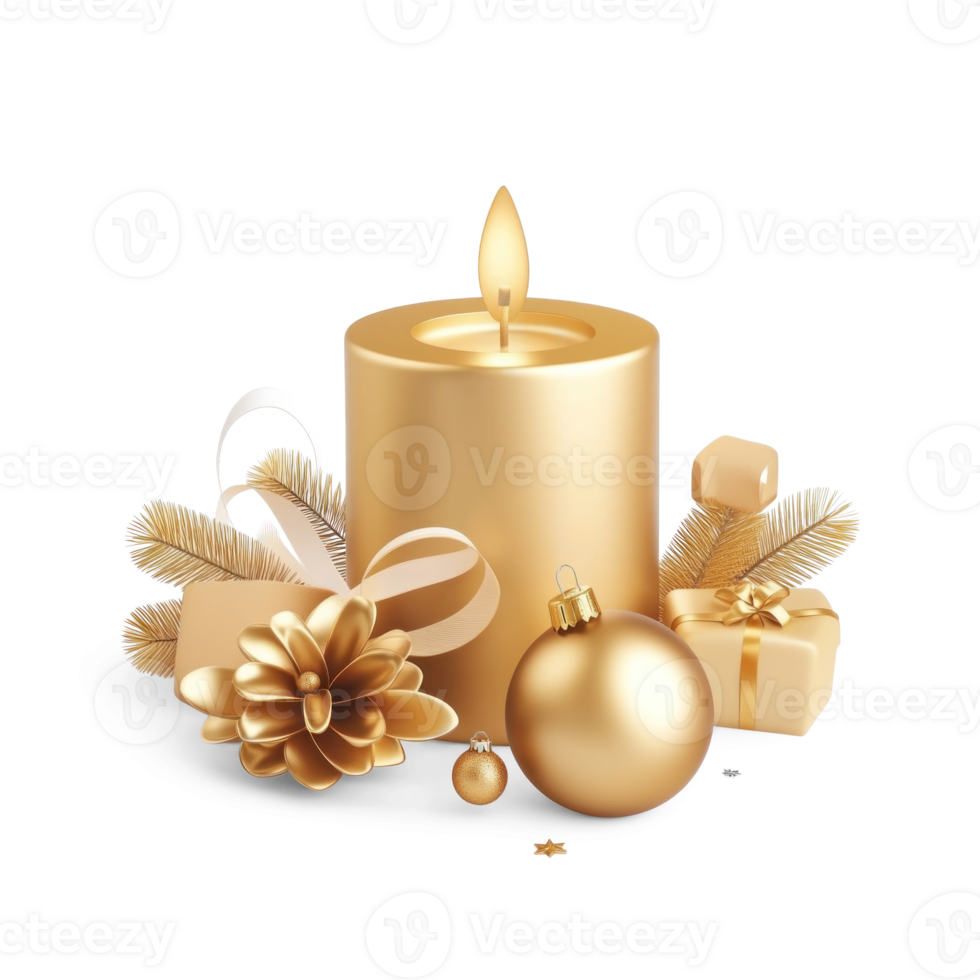Gold Christmas candle with decoration items 3D icon cartoon smooth soft light isolate on transparent background png