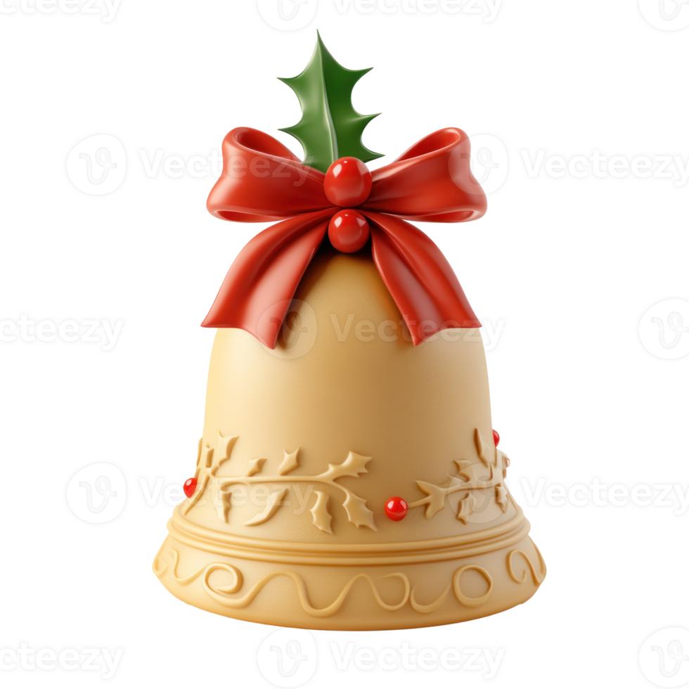 Golden Christmas bell with red ribbon and holly 3D clay style round edges bright isolate on transparent background png