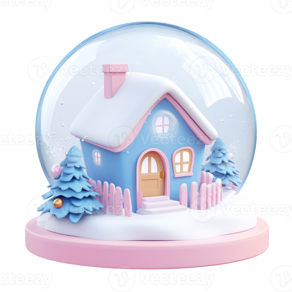 Winter house inside Snow Globe 3D icon cartoon round edges isolate on transparent background png