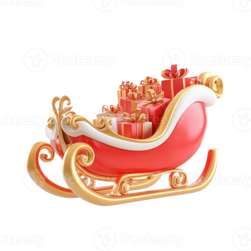 Santa's Sleigh in gold and red color full of presents 3D icon isolate on transparent background png