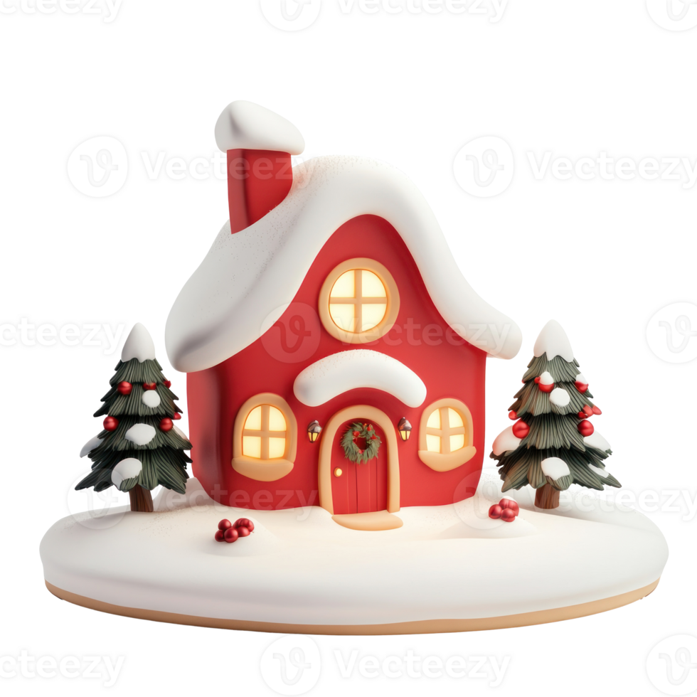 Red decoration Christmas house with snow 3D icon isolate on transparent background png