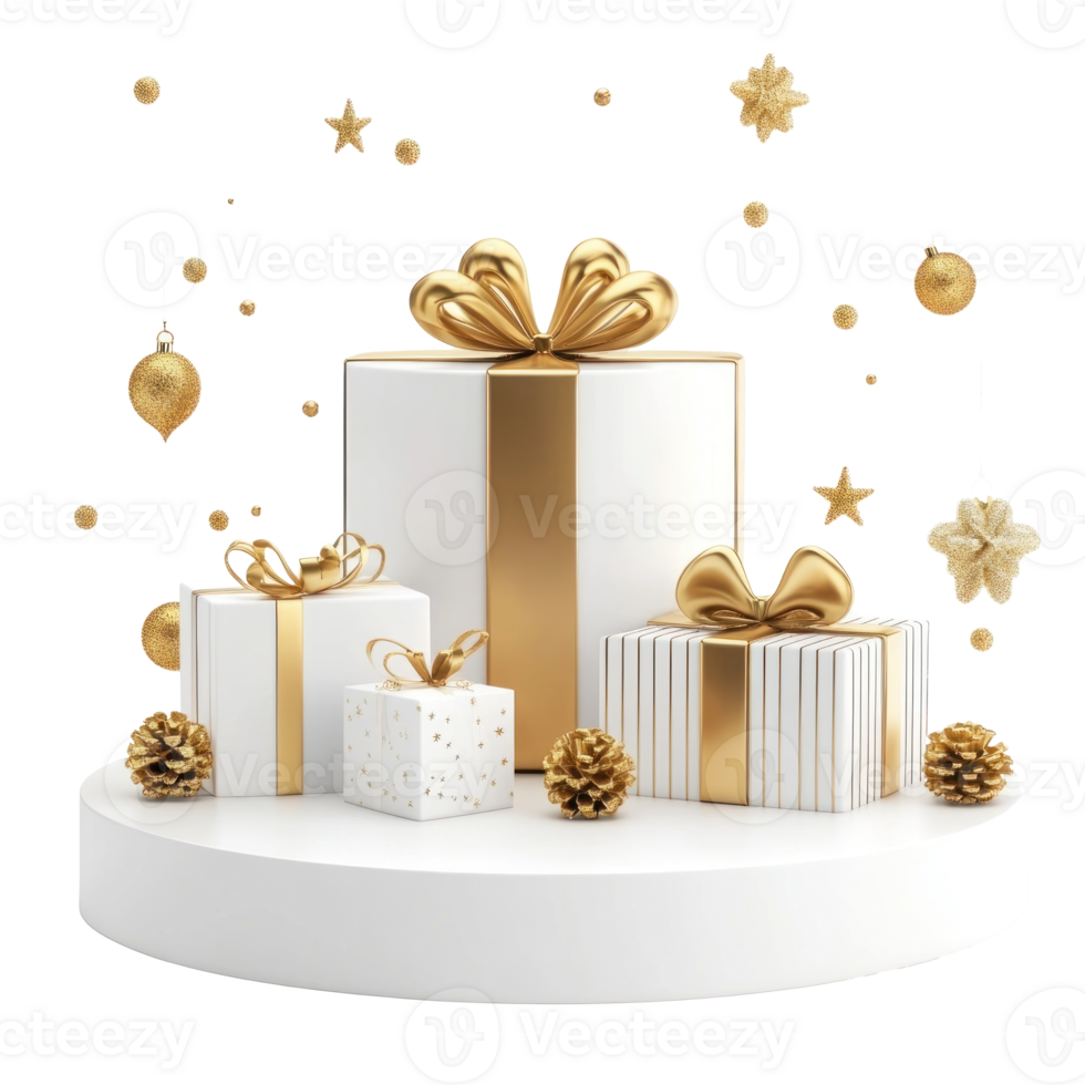 Christmas white and gold podium presents 3D icon isolate on transparent background png