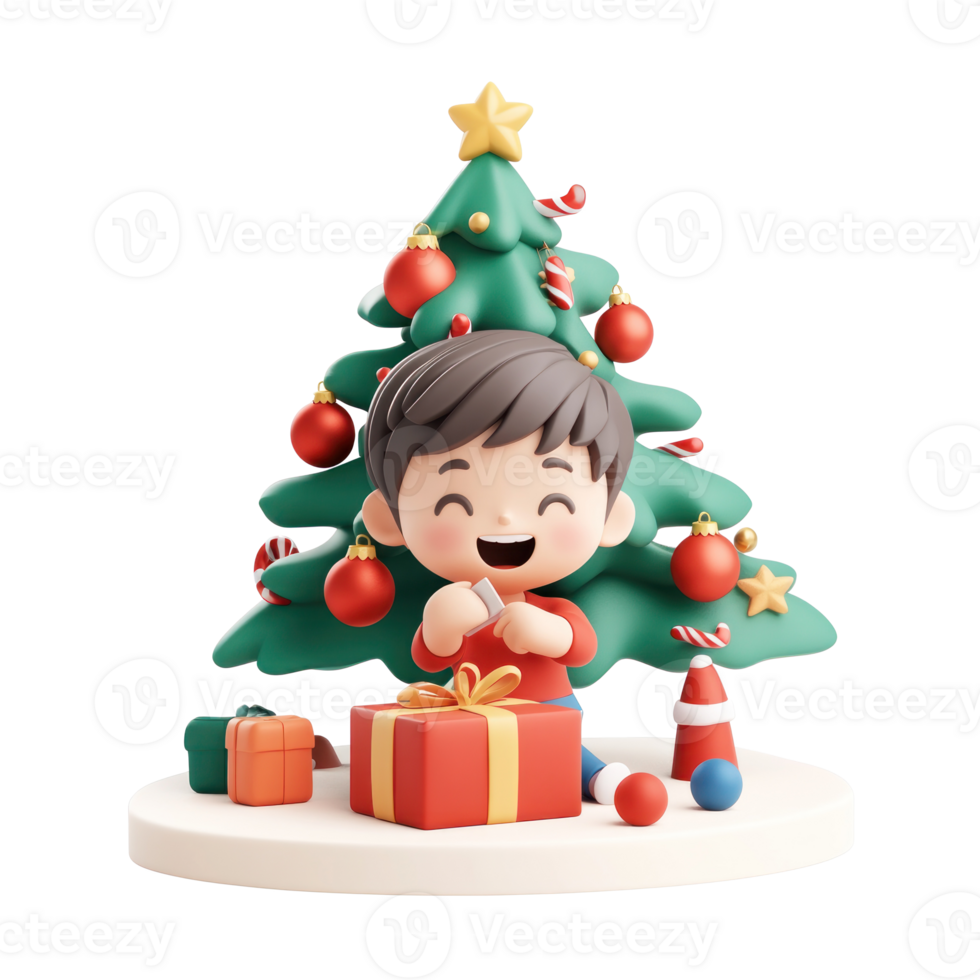 A child excitedly opening a Christmas present under a fir tree decorated with ornaments 3D icon isolate on transparent background png